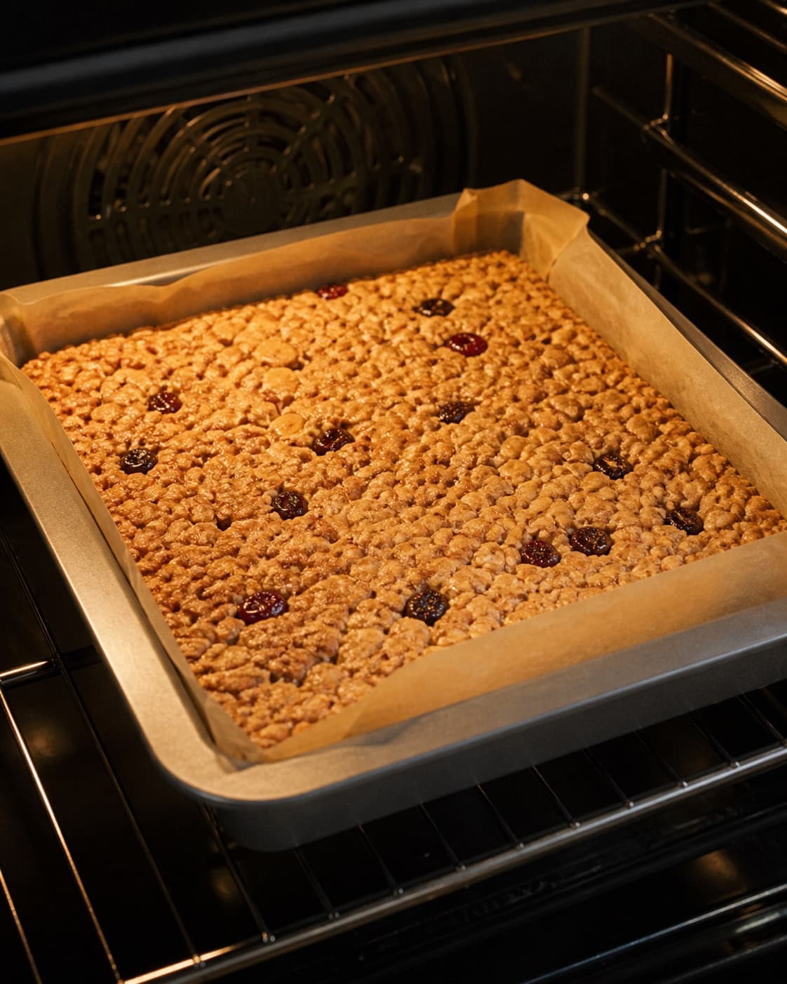 hjemmelavet müslibar baking until golden with a visibly set centre under tilberedningen af hjemmelavet müslibar