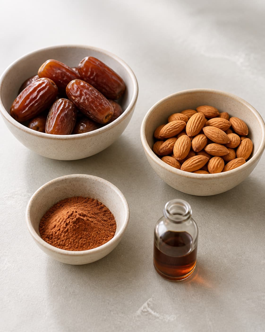 Measured ingredients for dadelkugler med romessens arranged separately with bløde dadler, mandler, kakao, romessens under tilberedningen af dadelkugler med romessens