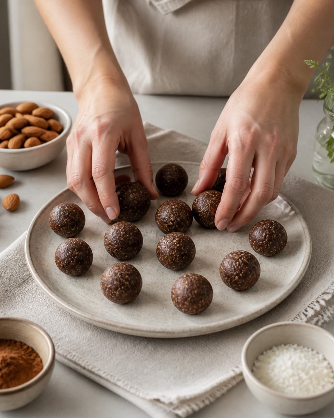 dadelkugler med romessens being portioned evenly before baking under tilberedningen af dadelkugler med romessens