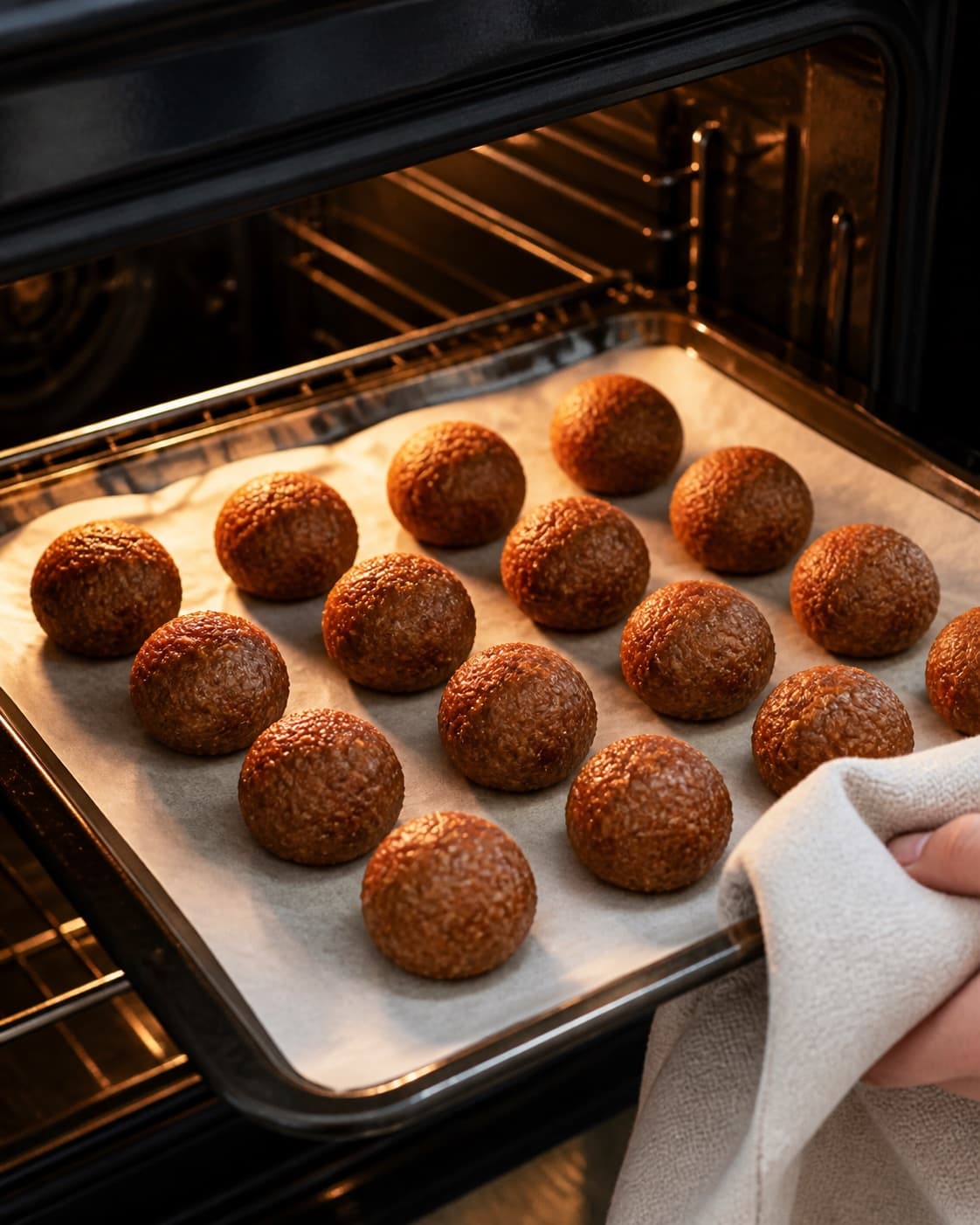 dadelkugler med romessens baking until golden with a visibly set centre under tilberedningen af dadelkugler med romessens