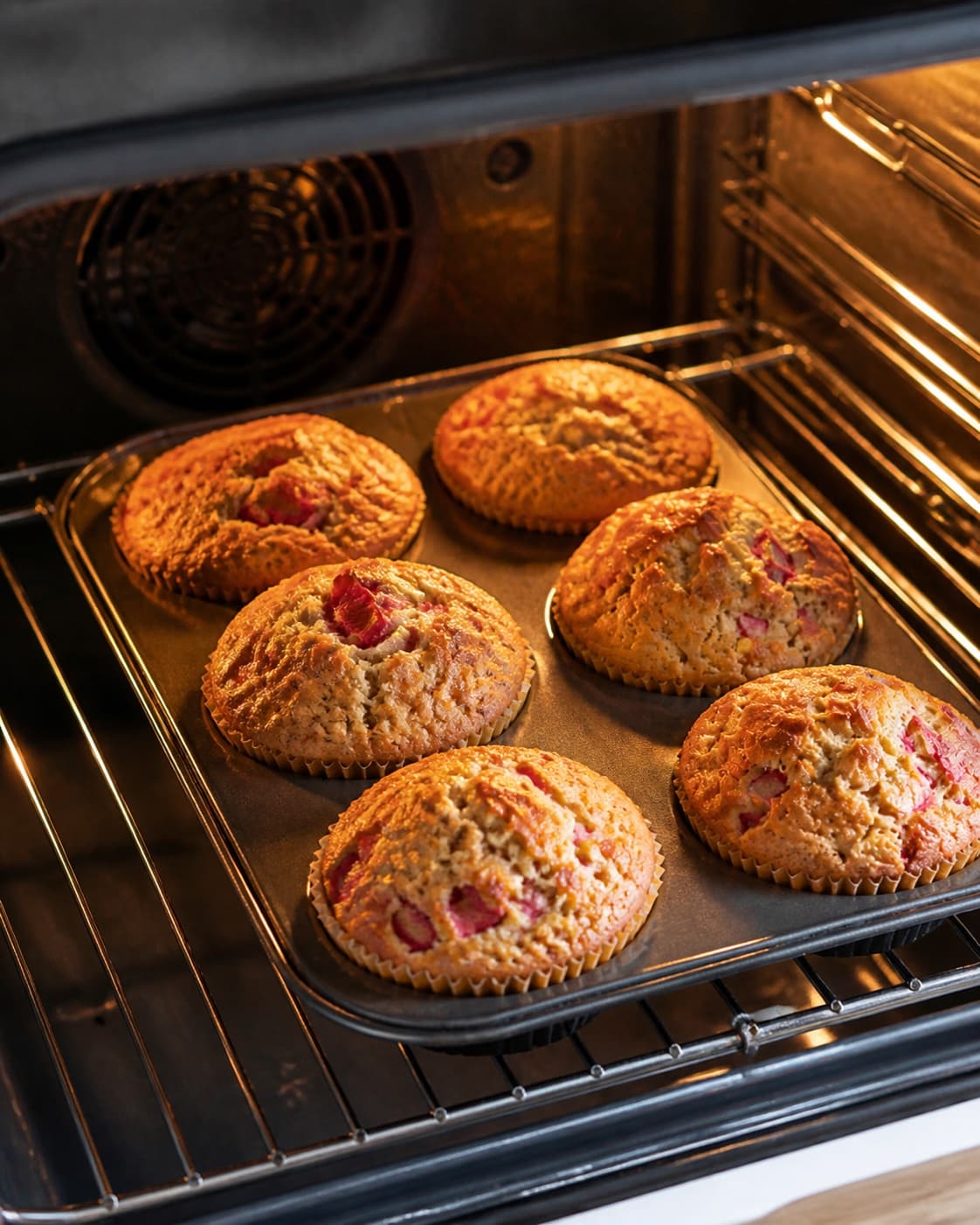sunde rabarbermuffins baking until golden with a visibly set centre under tilberedningen af sunde rabarbermuffins