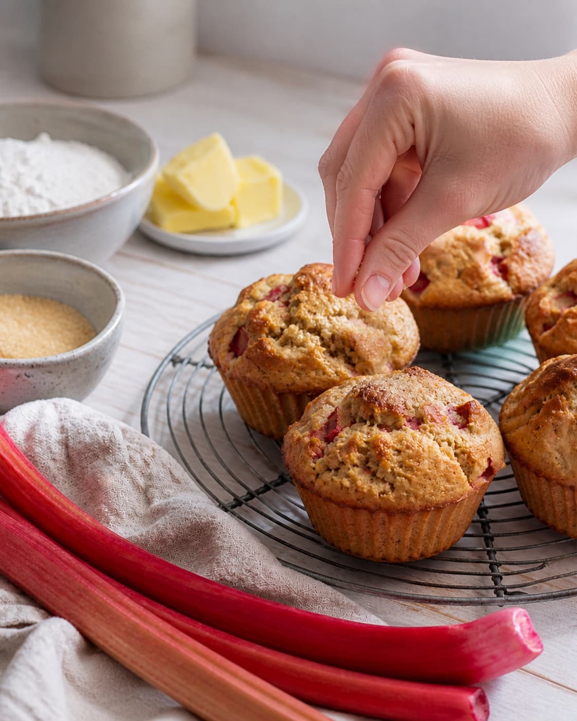 Finished sunde rabarbermuffins receiving its final garnish after cooling under tilberedningen af sunde rabarbermuffins
