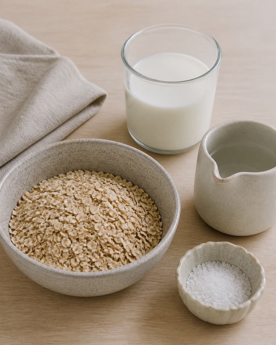 Mise en place for havregrød – klassisk grundopskrift with grove havregryn, sødmælk, vand, fint salt under tilberedningen af havregrød – klassisk grundopskrift