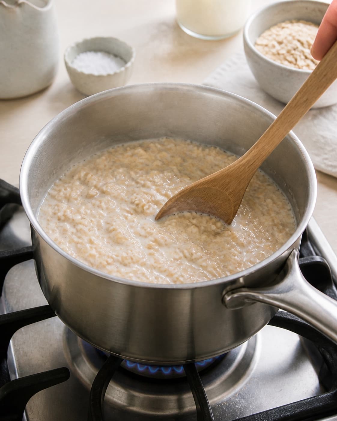 havregrød – klassisk grundopskrift gently simmering with visible ingredients under tilberedningen af havregrød – klassisk grundopskrift