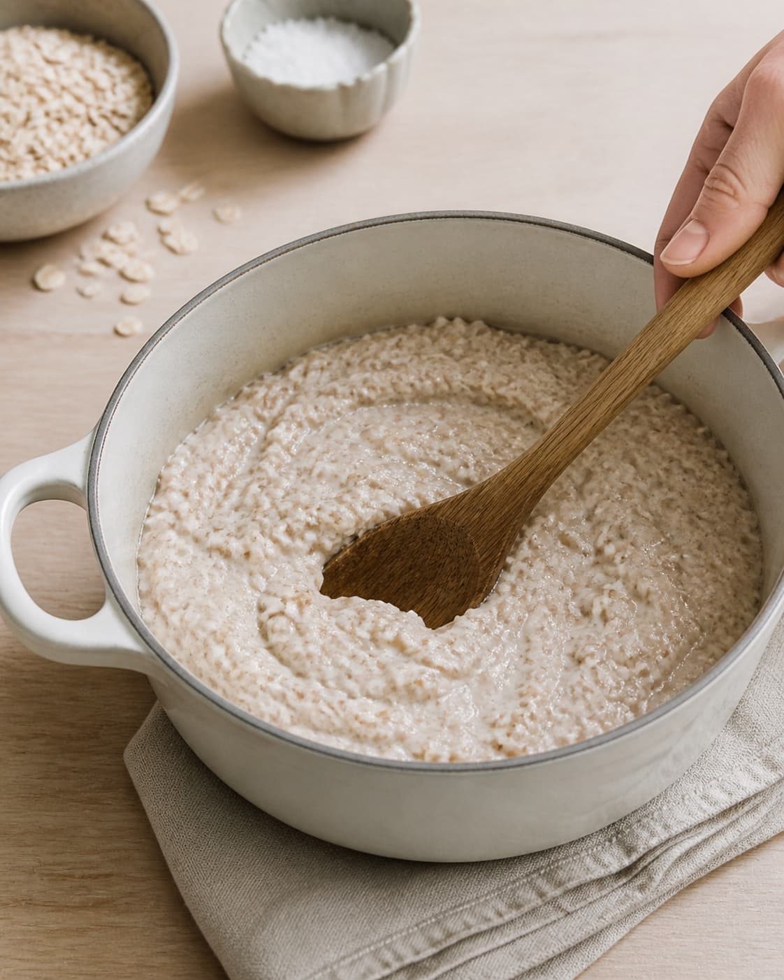The texture of havregrød – klassisk grundopskrift being adjusted in the pot under tilberedningen af havregrød – klassisk grundopskrift