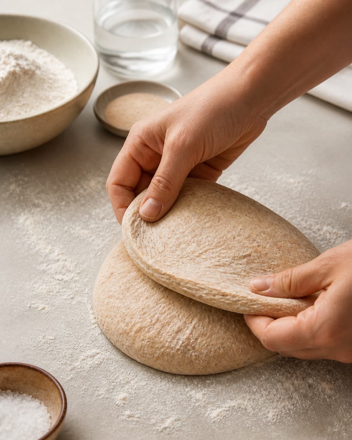 Hands gently folding elastic dough for fuldkornspitabrød under tilberedningen af fuldkornspitabrød