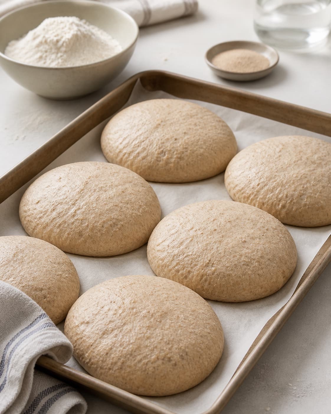 Proofed airy dough for fuldkornspitabrød with visible fermentation bubbles under tilberedningen af fuldkornspitabrød
