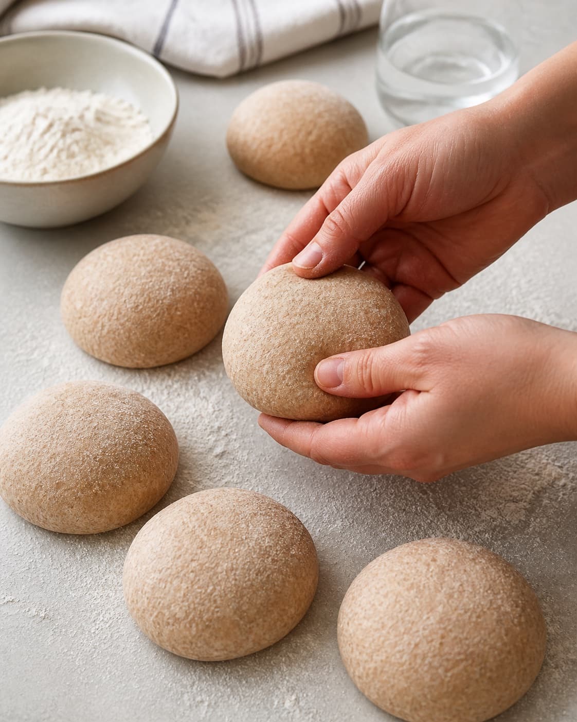 Even pieces of fuldkornspitabrød being shaped before baking under tilberedningen af fuldkornspitabrød