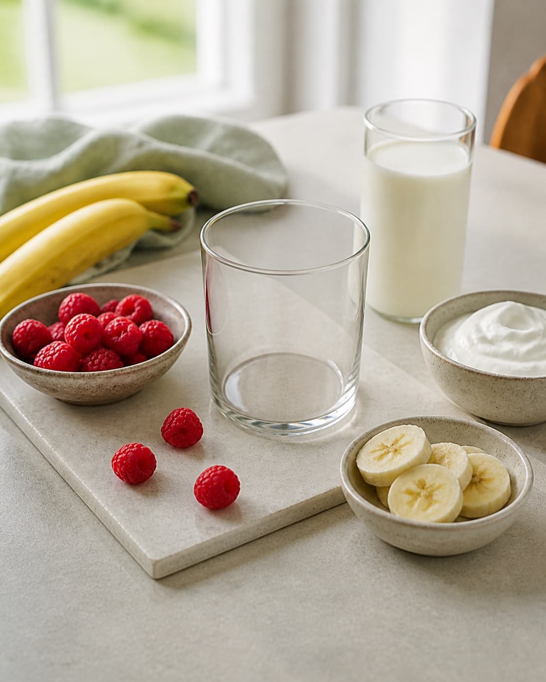 Fresh flavour ingredients for hindbærsmoothie prepared with hindbær, modne bananer, skyr, sødmælk under tilberedningen af hindbærsmoothie