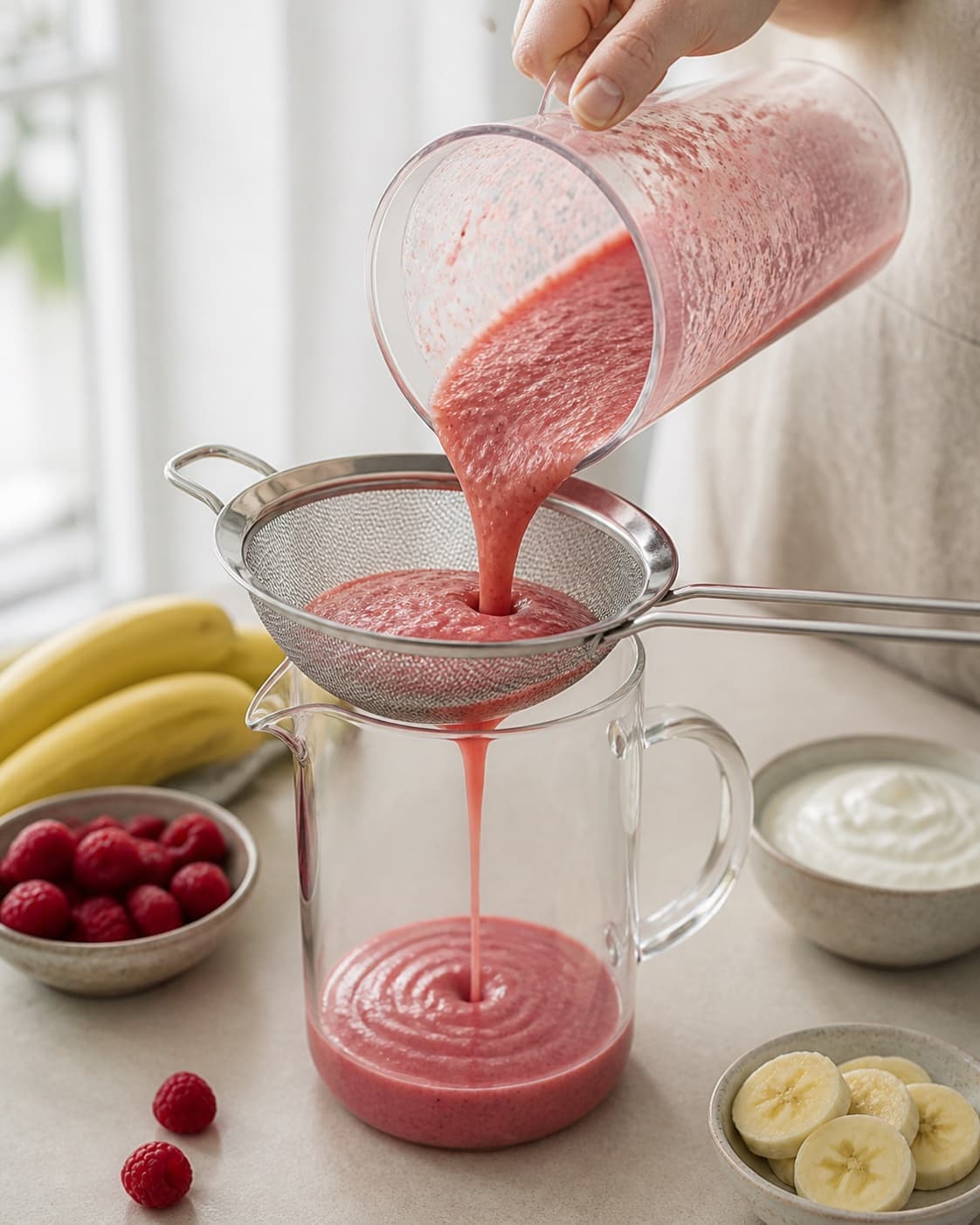 hindbærsmoothie being strained into a clean pitcher under tilberedningen af hindbærsmoothie