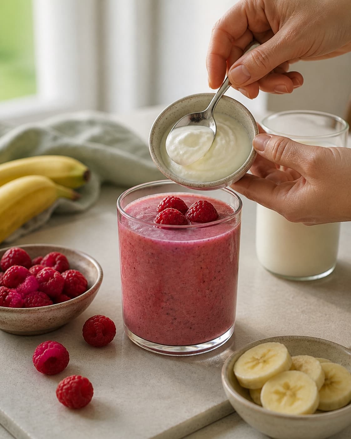 The flavour balance of hindbærsmoothie being adjusted under tilberedningen af hindbærsmoothie