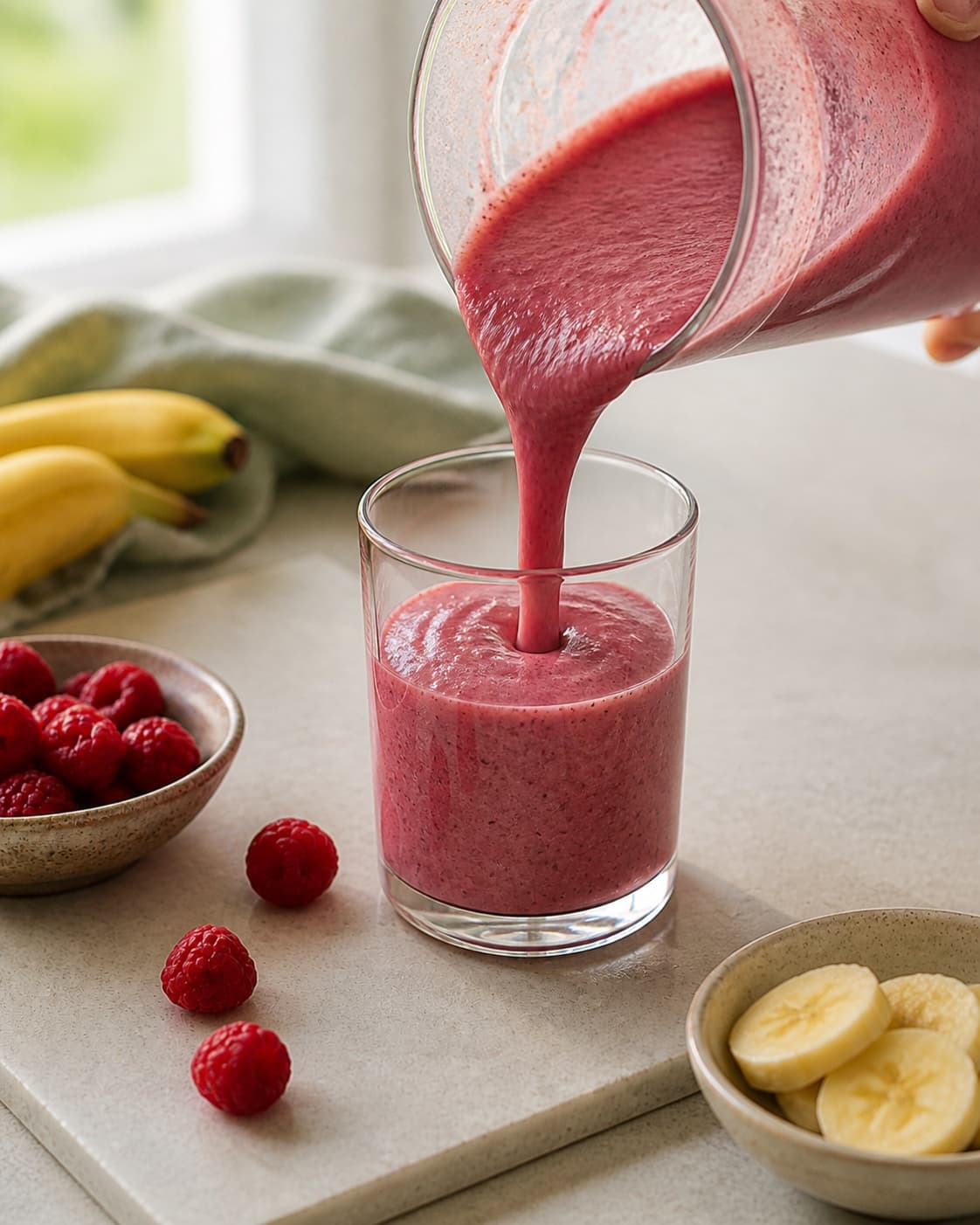 Finished hindbærsmoothie being poured into a clean serving glass under tilberedningen af hindbærsmoothie