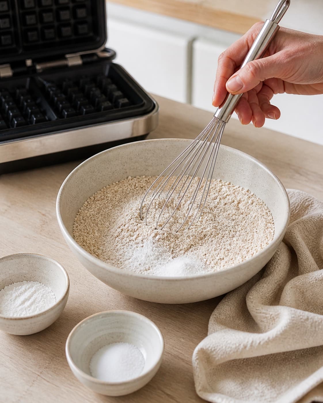 Dry wholegrain flour, oat flour, baking powder and salt being whisked beside a heating waffle iron under tilberedningen af sunde belgiske vafler med chokoladecreme