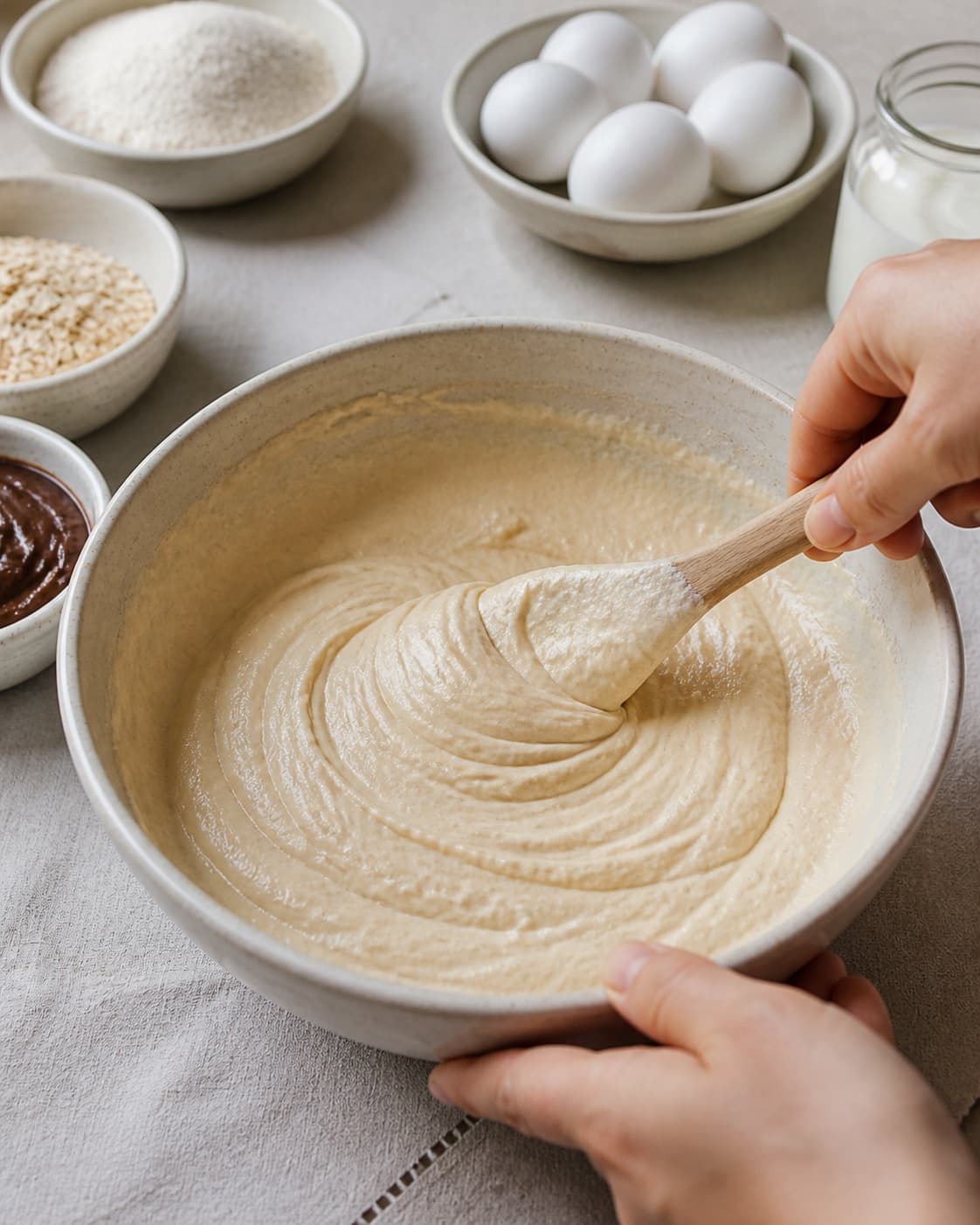 Wholegrain waffle batter being folded until thick and lightly aerated under tilberedningen af sunde belgiske vafler med chokoladecreme