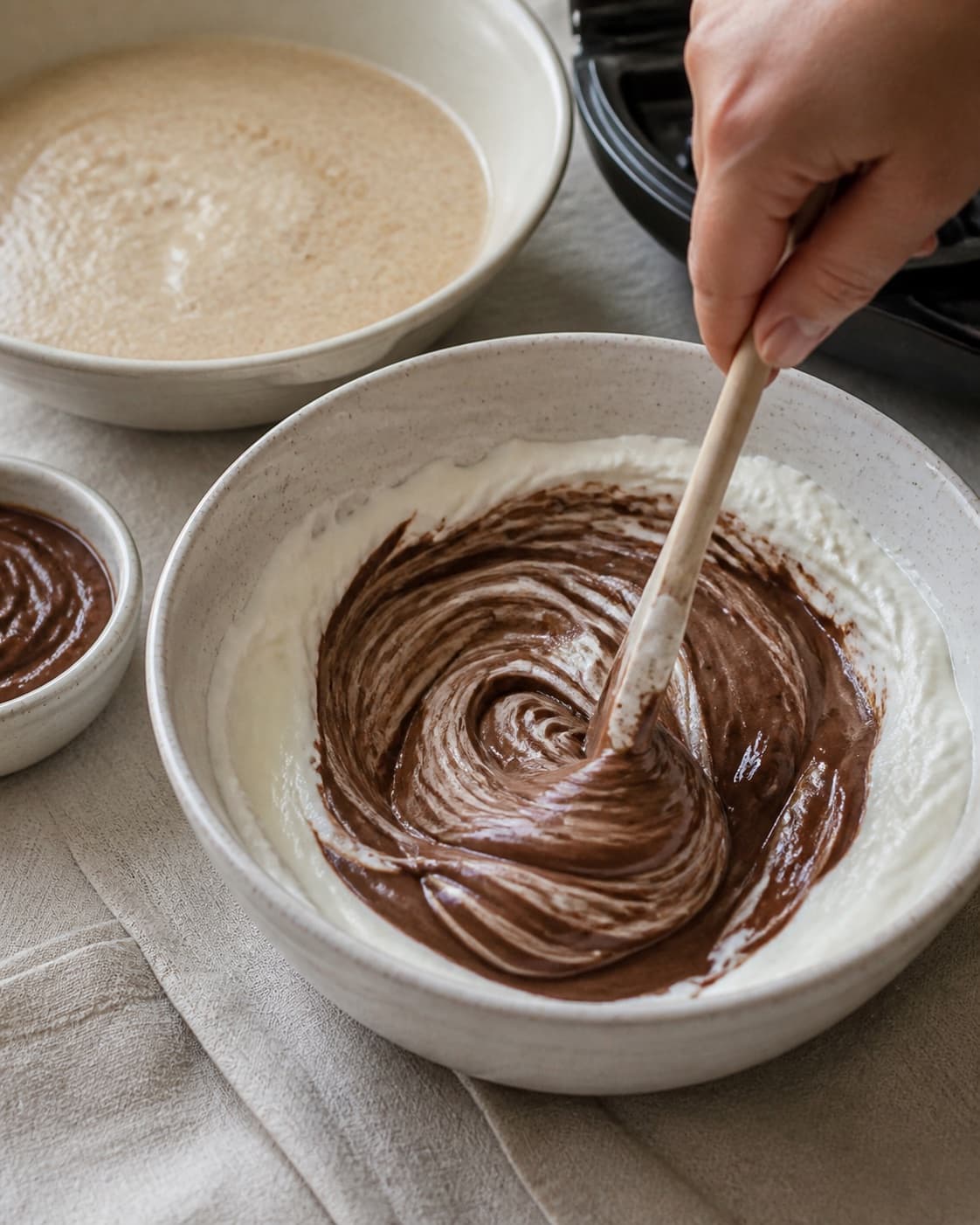 Melted dark chocolate being folded gradually into Greek yoghurt while waffle batter rests under tilberedningen af sunde belgiske vafler med chokoladecreme