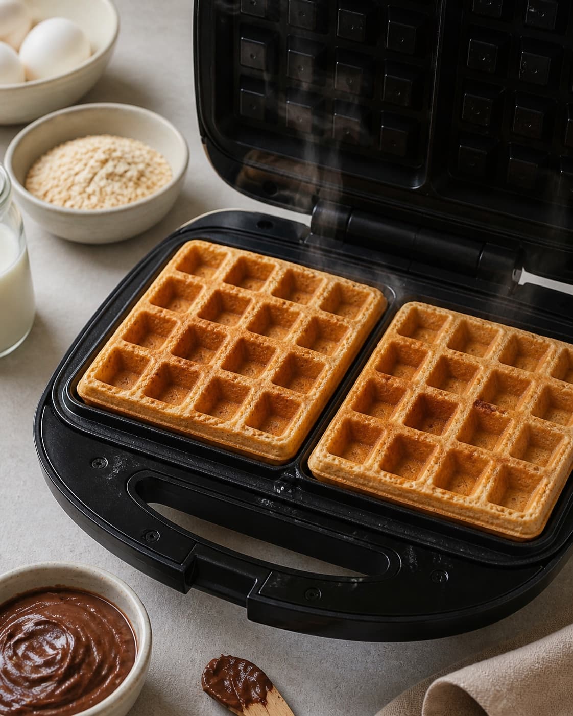 Belgian wholegrain waffles baking until steam subsides and the grid is deeply golden under tilberedningen af sunde belgiske vafler med chokoladecreme