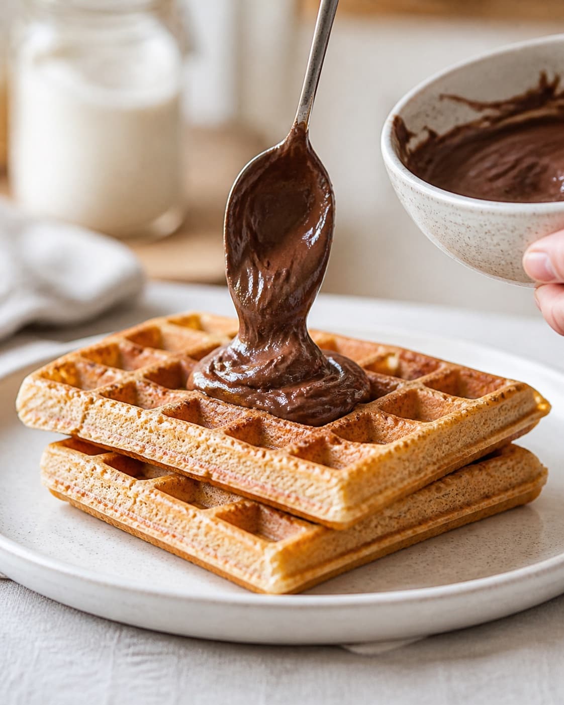 Warm crisp Belgian waffles receiving a spoonful of cool glossy chocolate cream under tilberedningen af sunde belgiske vafler med chokoladecreme