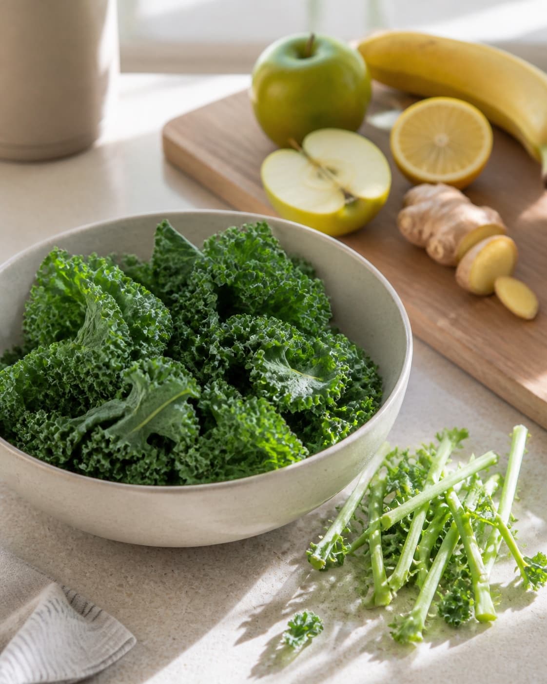 Clean kale leaves separated from tough stems beside washed apple lemon ginger and banana under tilberedningen af smoothie med grønkål
