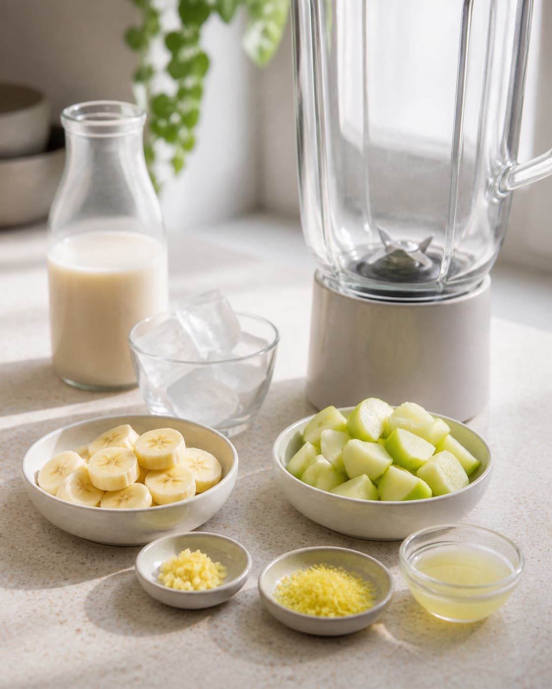 Even pieces of banana apple ginger and lemon prepared beside measured cold oat drink and ice under tilberedningen af smoothie med grønkål