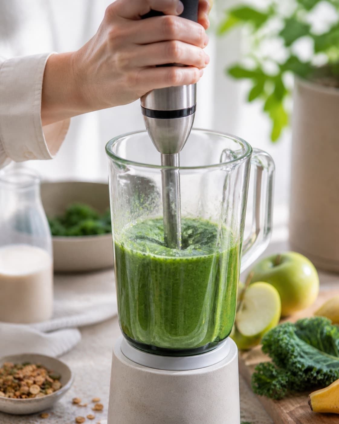 Kale lemon ginger and cold oat drink blending into a uniformly green liquid under tilberedningen af smoothie med grønkål