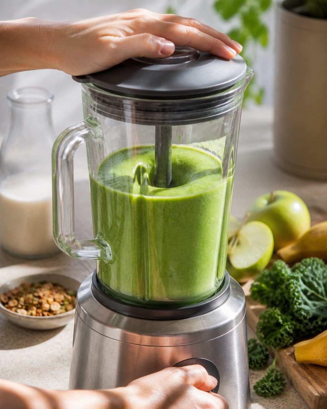 Banana apple and ice being blended into the smooth bright green kale base under tilberedningen af smoothie med grønkål