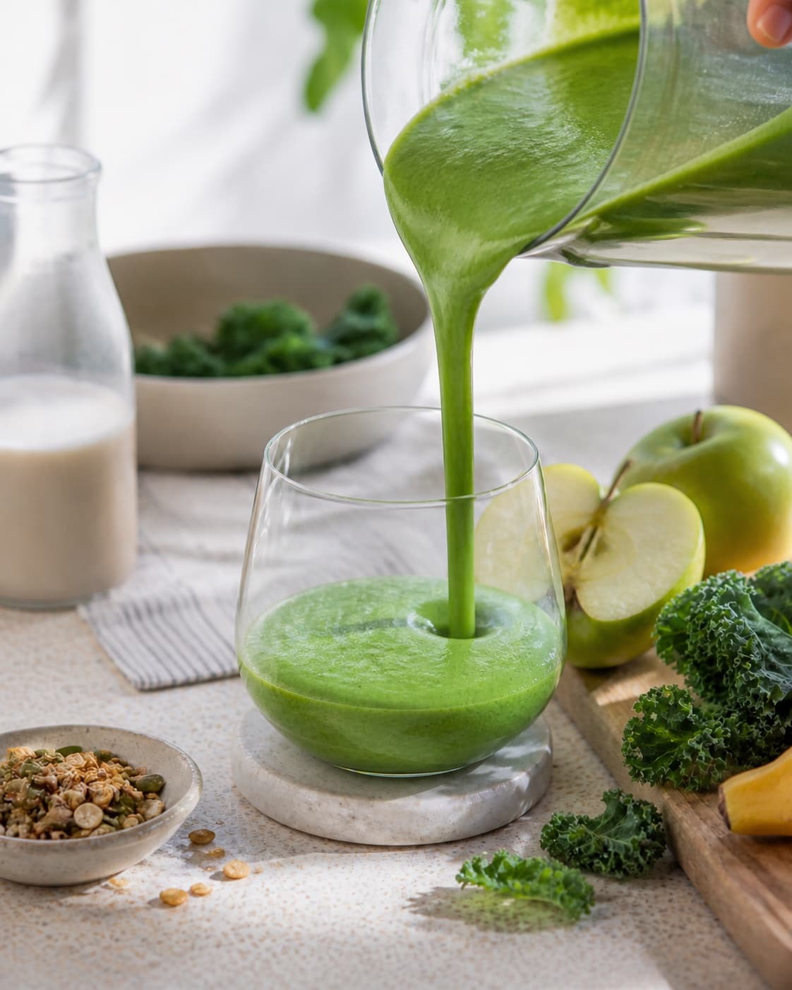 Fresh green kale smoothie being poured immediately into two chilled glasses under tilberedningen af smoothie med grønkål