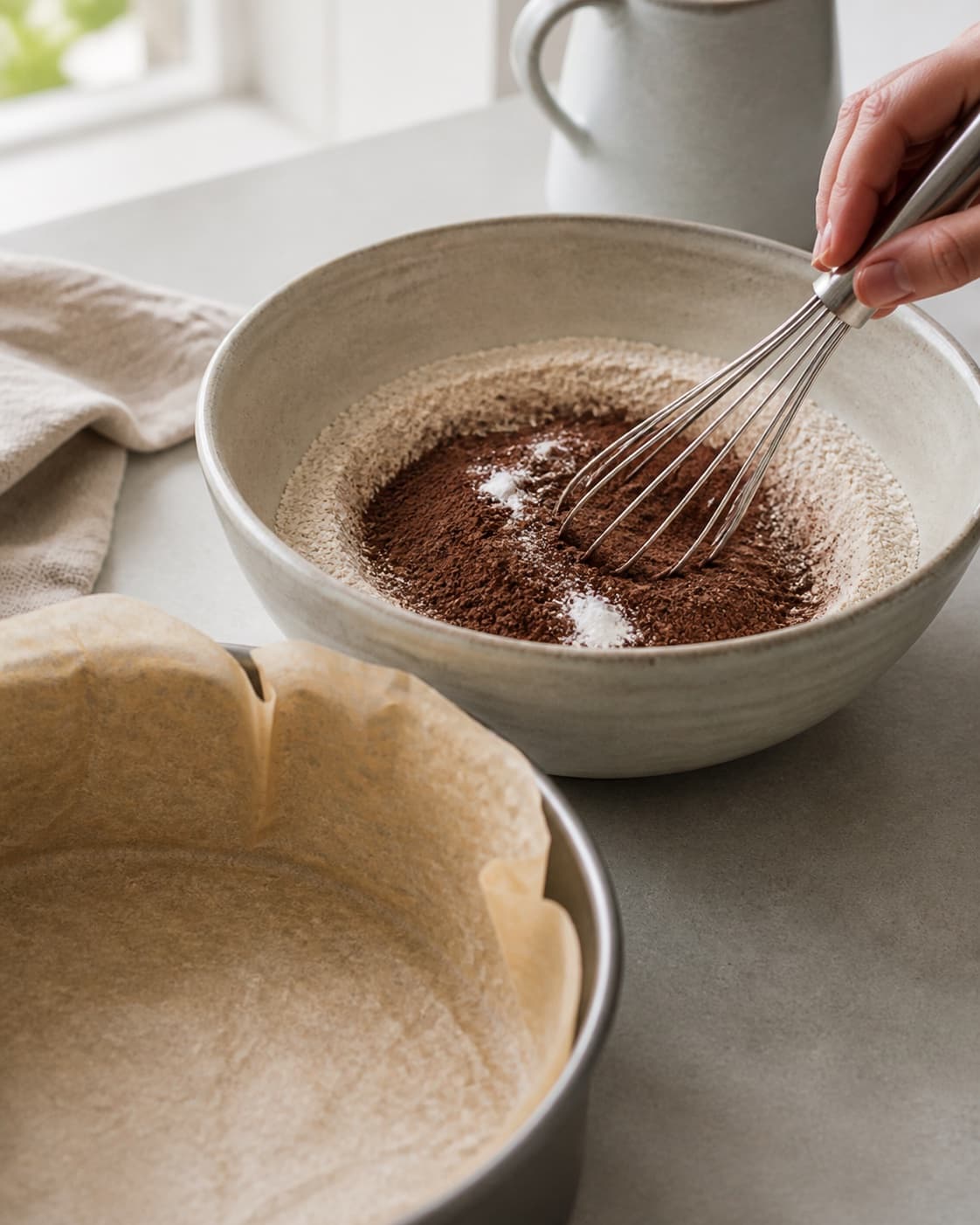 Gluten-free oat flour cocoa baking powder and salt being mixed beside a lined cake tin under tilberedningen af sund chokoladekage