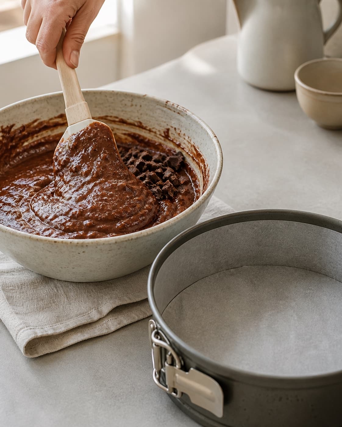 Eggs cocoa oat mixture and chopped dark chocolate being folded into the cake batter under tilberedningen af sund chokoladekage