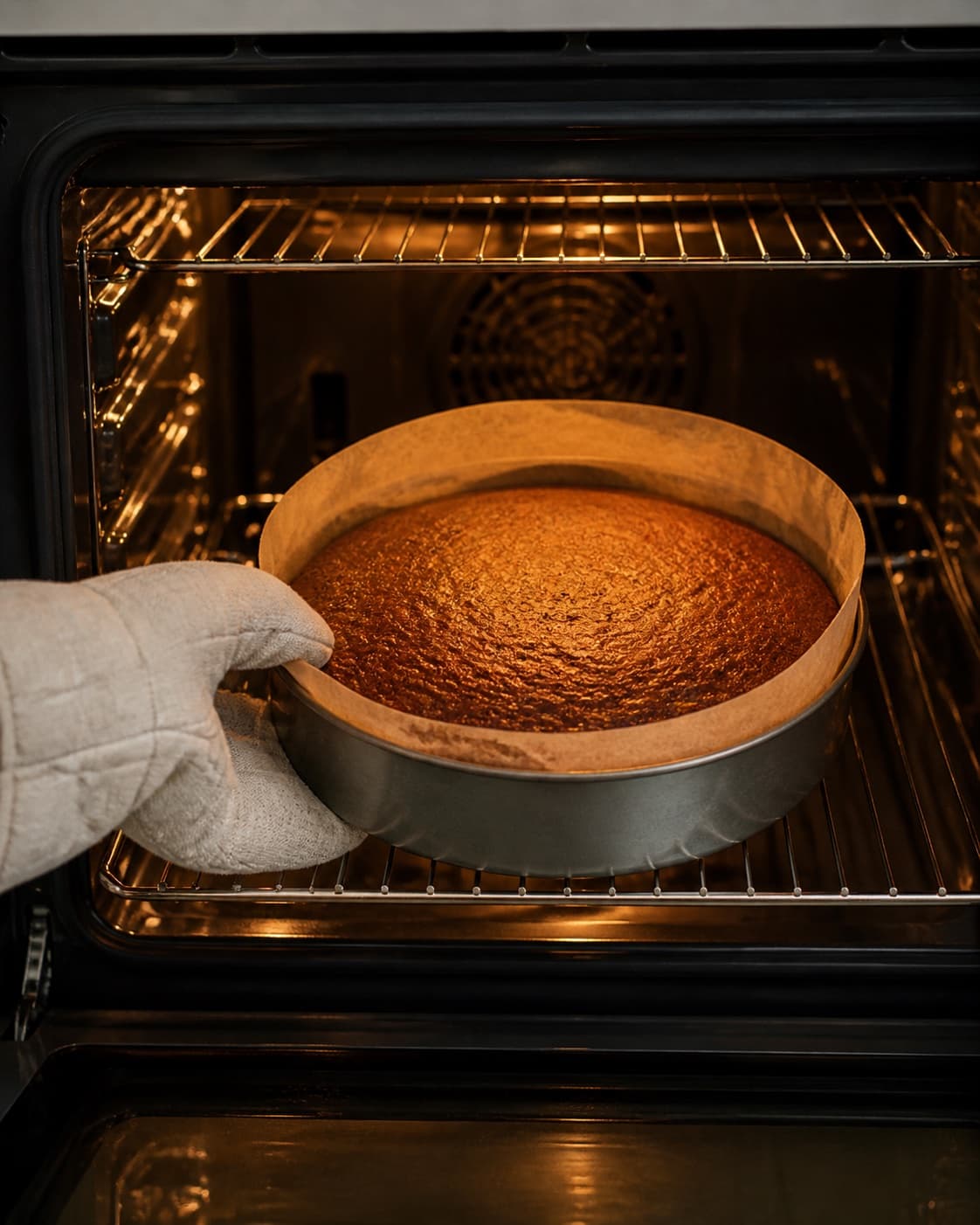 Gluten-free chocolate cake baking until the centre is set with moist crumbs under tilberedningen af sund chokoladekage
