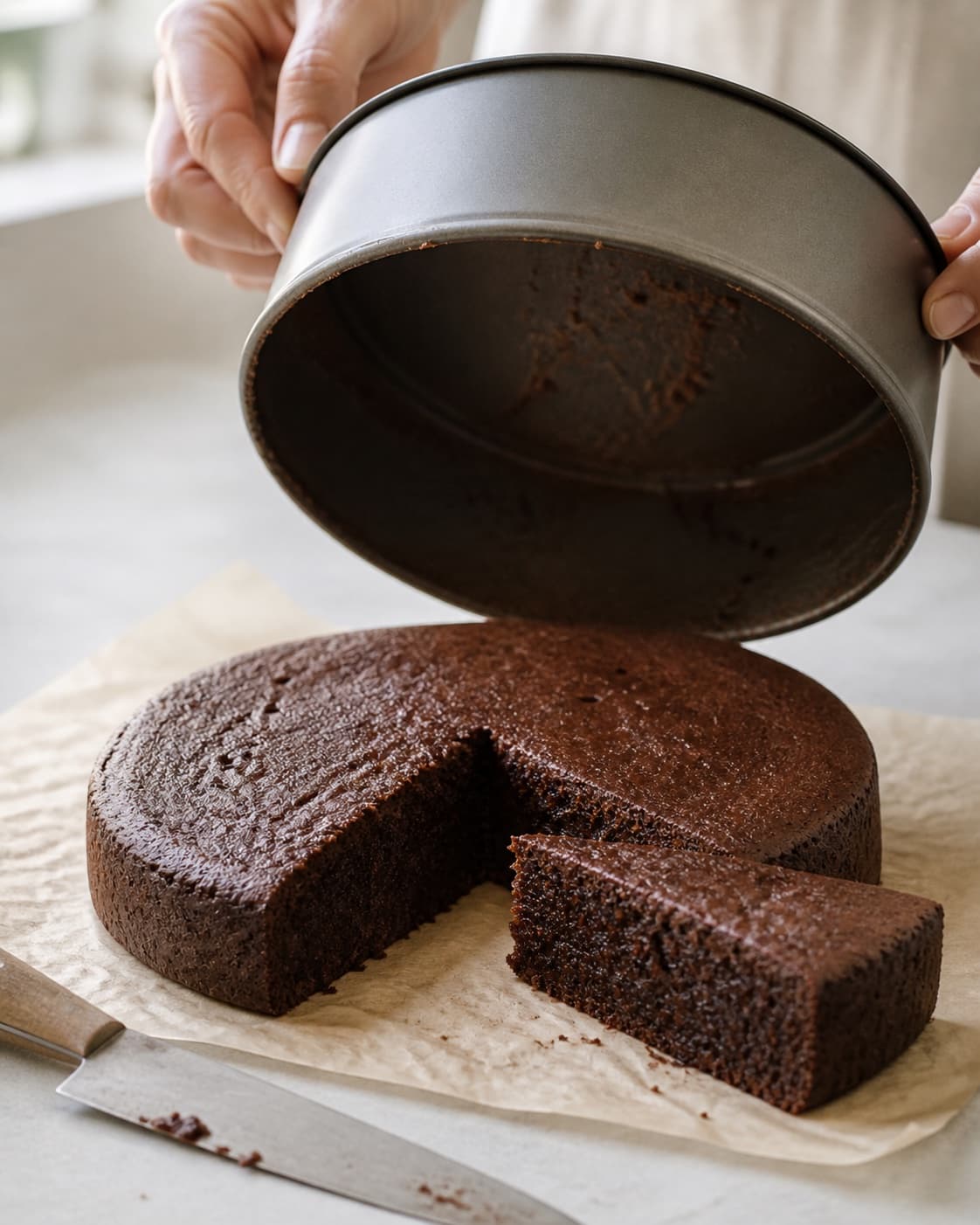 Cooled chocolate cake being released from its tin and cut to show a moist set crumb under tilberedningen af sund chokoladekage