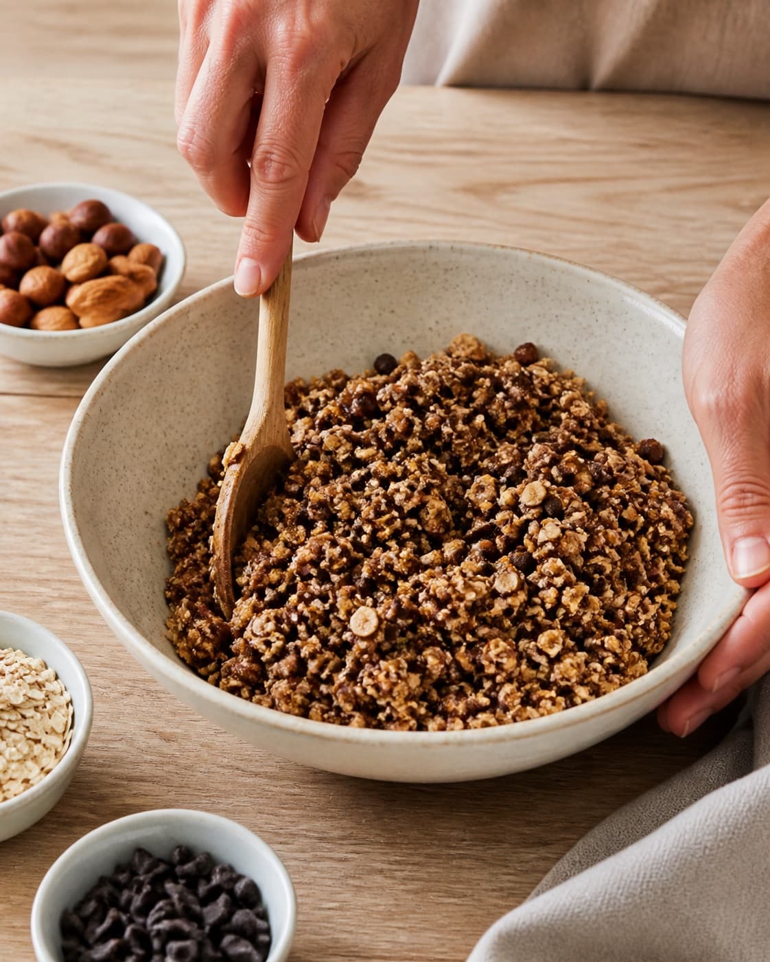 Toasted muesli mixture being evenly coated with the date and almond binder under tilberedningen af myslibar med chokolade og nødder