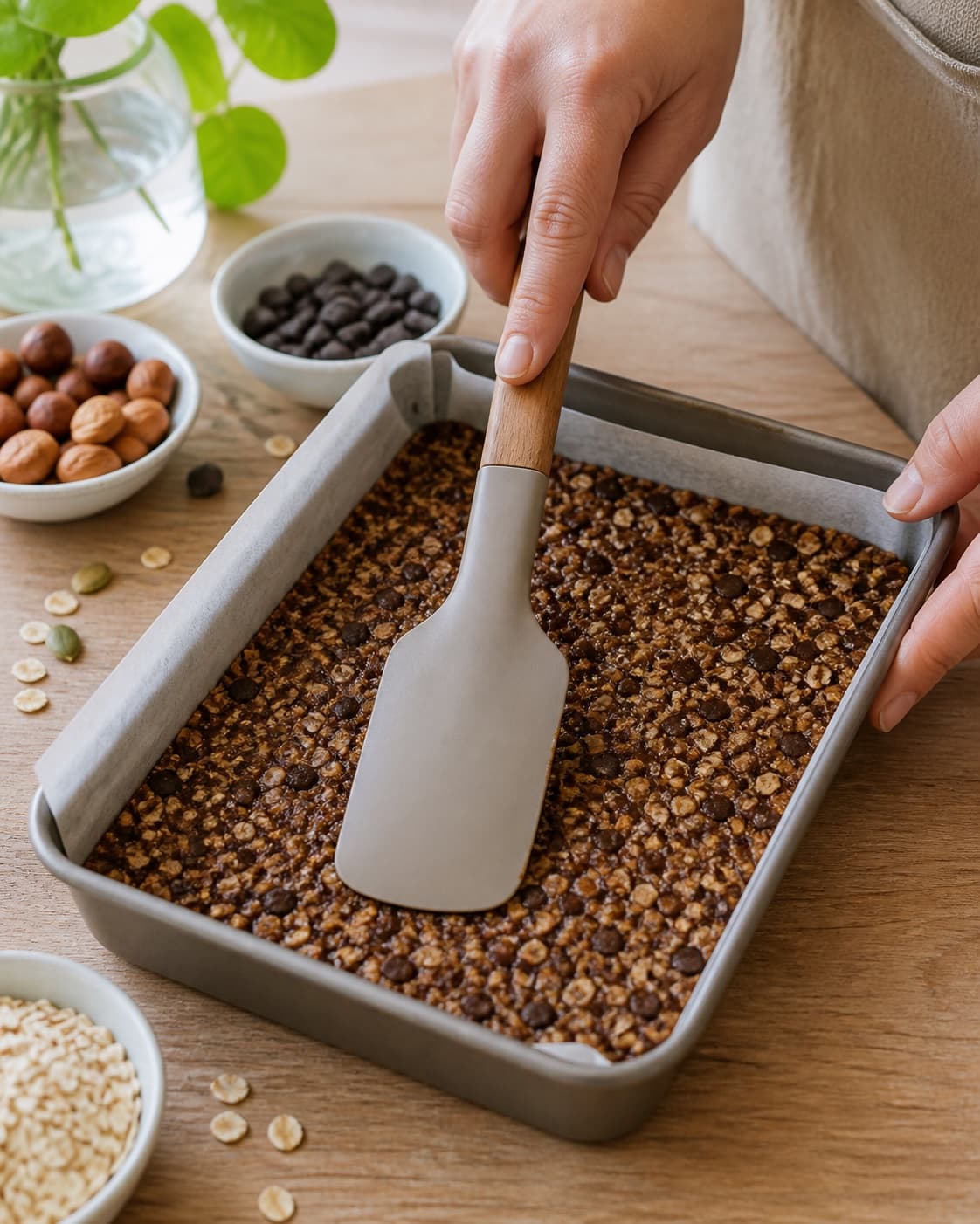 Muesli bar mixture being firmly compressed in a square tin before baking under tilberedningen af myslibar med chokolade og nødder