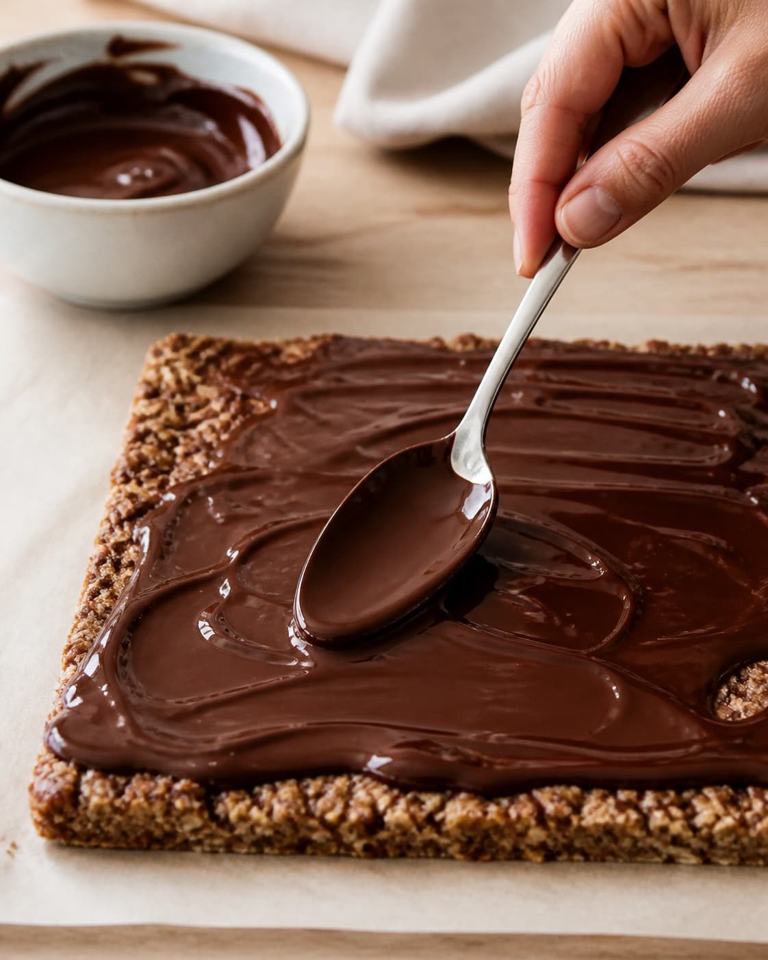 Melted dark chocolate being spread thinly over a cooled muesli bar slab under tilberedningen af myslibar med chokolade og nødder