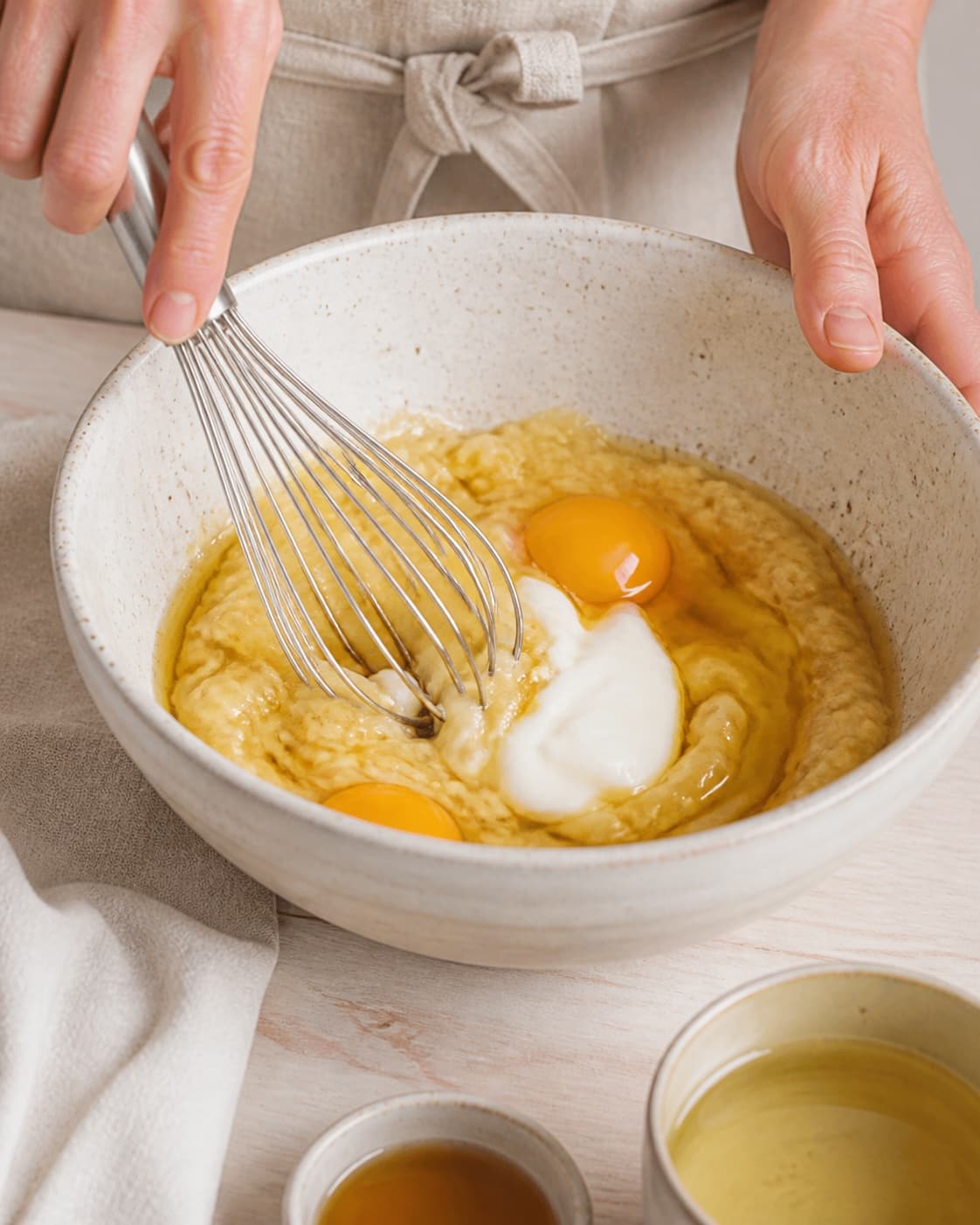 Mashed banana eggs skyr maple syrup and rapeseed oil being whisked smooth under tilberedningen af sunde hindbærmuffins