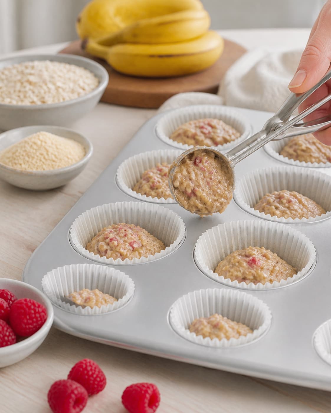 Raspberry muffin batter being folded gently and portioned evenly into twelve cases under tilberedningen af sunde hindbærmuffins