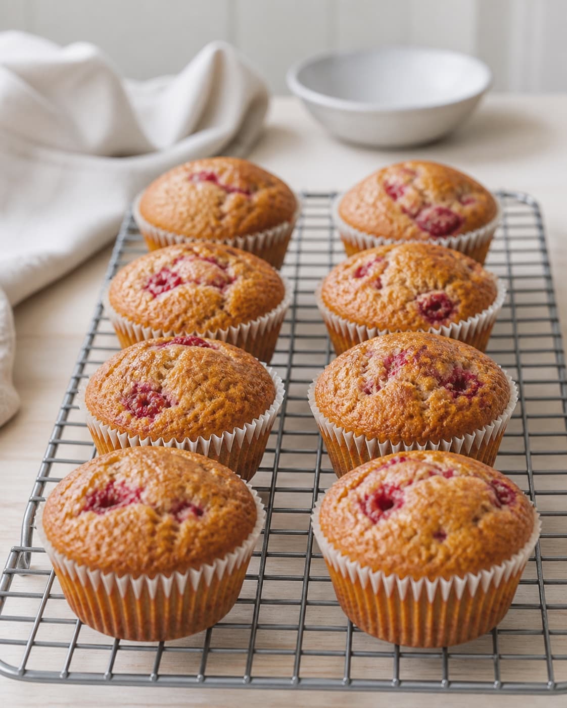Fresh raspberry muffins cooling separately on a wire rack without condensation under tilberedningen af sunde hindbærmuffins