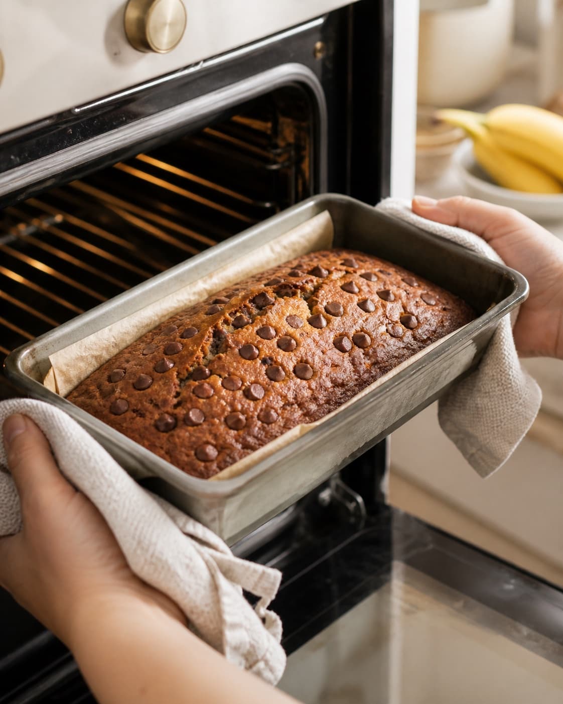Banana chocolate cake baking until the domed centre is set and golden under tilberedningen af sund banankage med chokolade