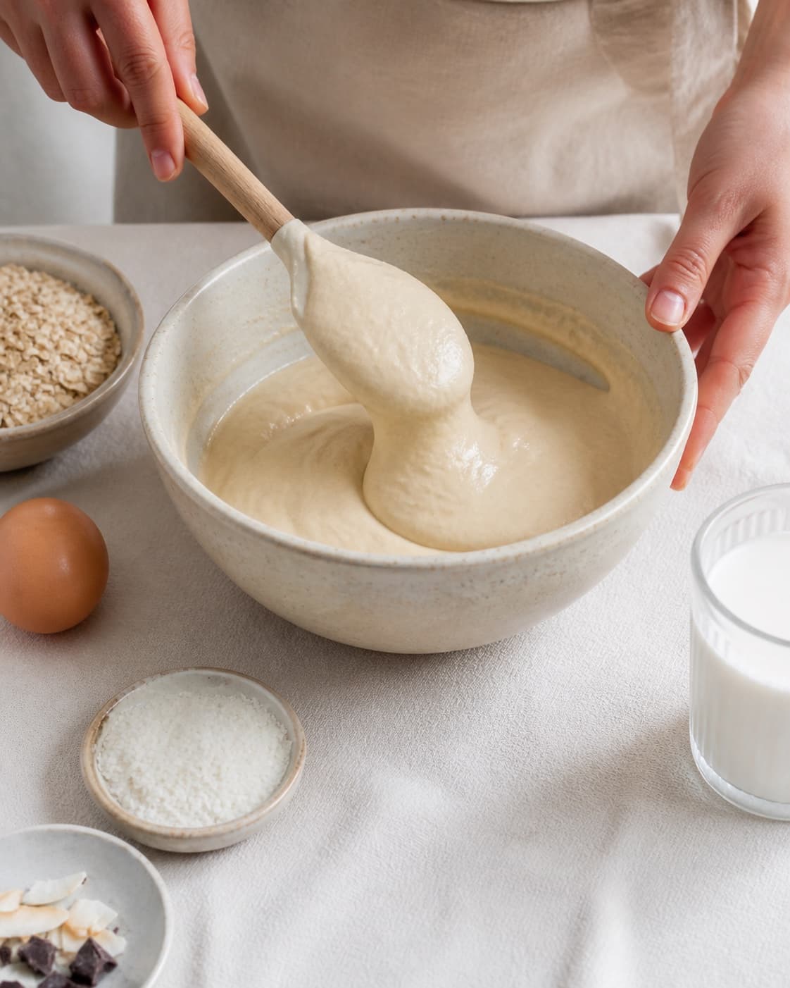 Eggs coconut drink and rapeseed oil being folded with oat and coconut flour under tilberedningen af kokosvafler med toppings