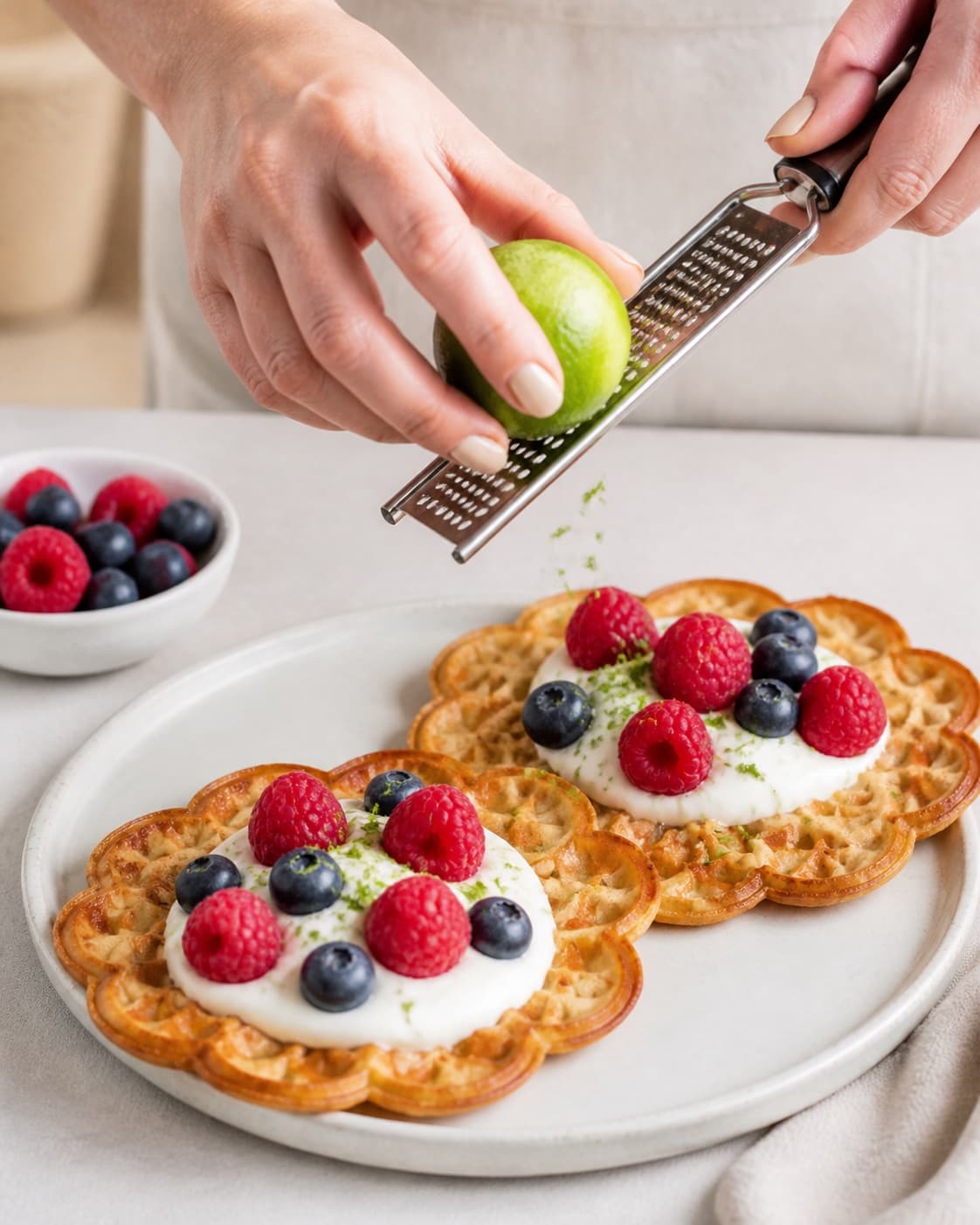 Crisp coconut waffles topped with cool coconut yoghurt fresh berries and lime zest under tilberedningen af kokosvafler med toppings