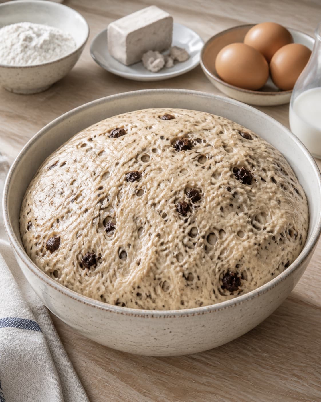 Almond chocolate bun dough proofing until airy with bubbles along the bowl under tilberedningen af mandelboller med chokolade