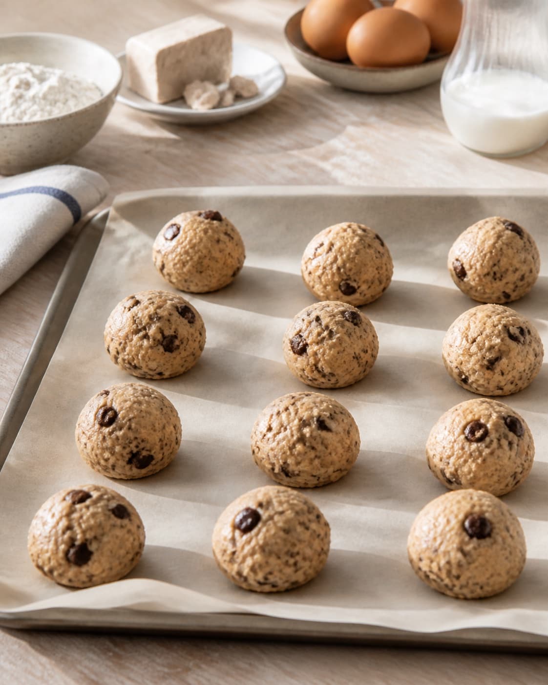 Twelve equal almond chocolate buns being rounded with a smooth taut surface under tilberedningen af mandelboller med chokolade