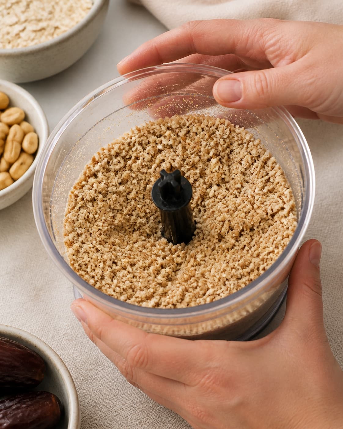 Peanuts gluten-free oats and sea salt pulsed into a coarse crumb under tilberedningen af sunde snickers uden sukker
