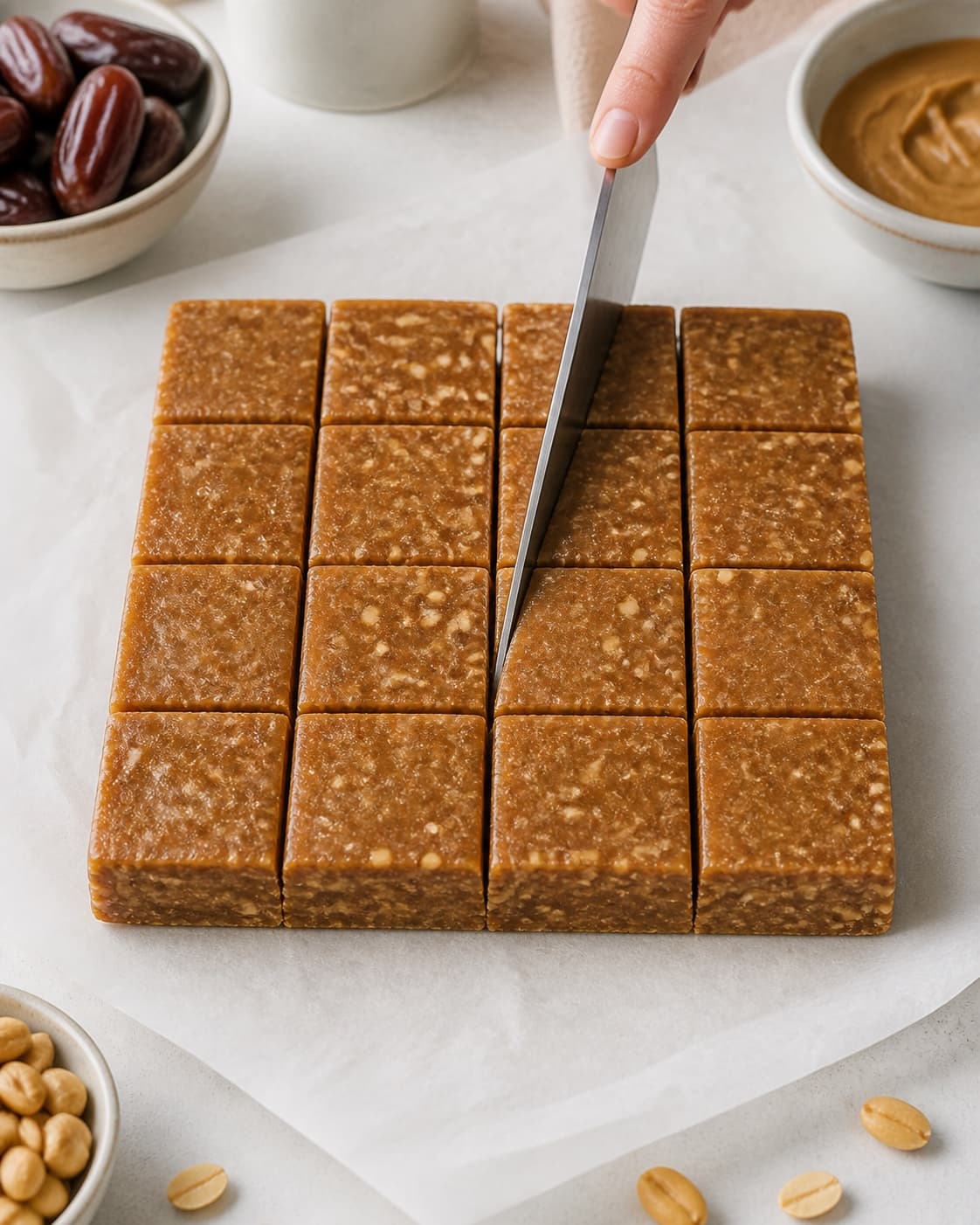 Chilled date peanut slab being cut into sixteen even compact bars under tilberedningen af sunde snickers uden sukker