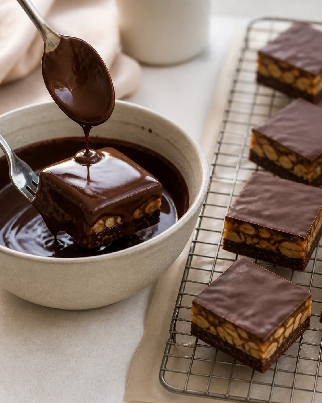 Cold date peanut bars being dipped in melted dark chocolate and set on a rack under tilberedningen af sunde snickers uden sukker