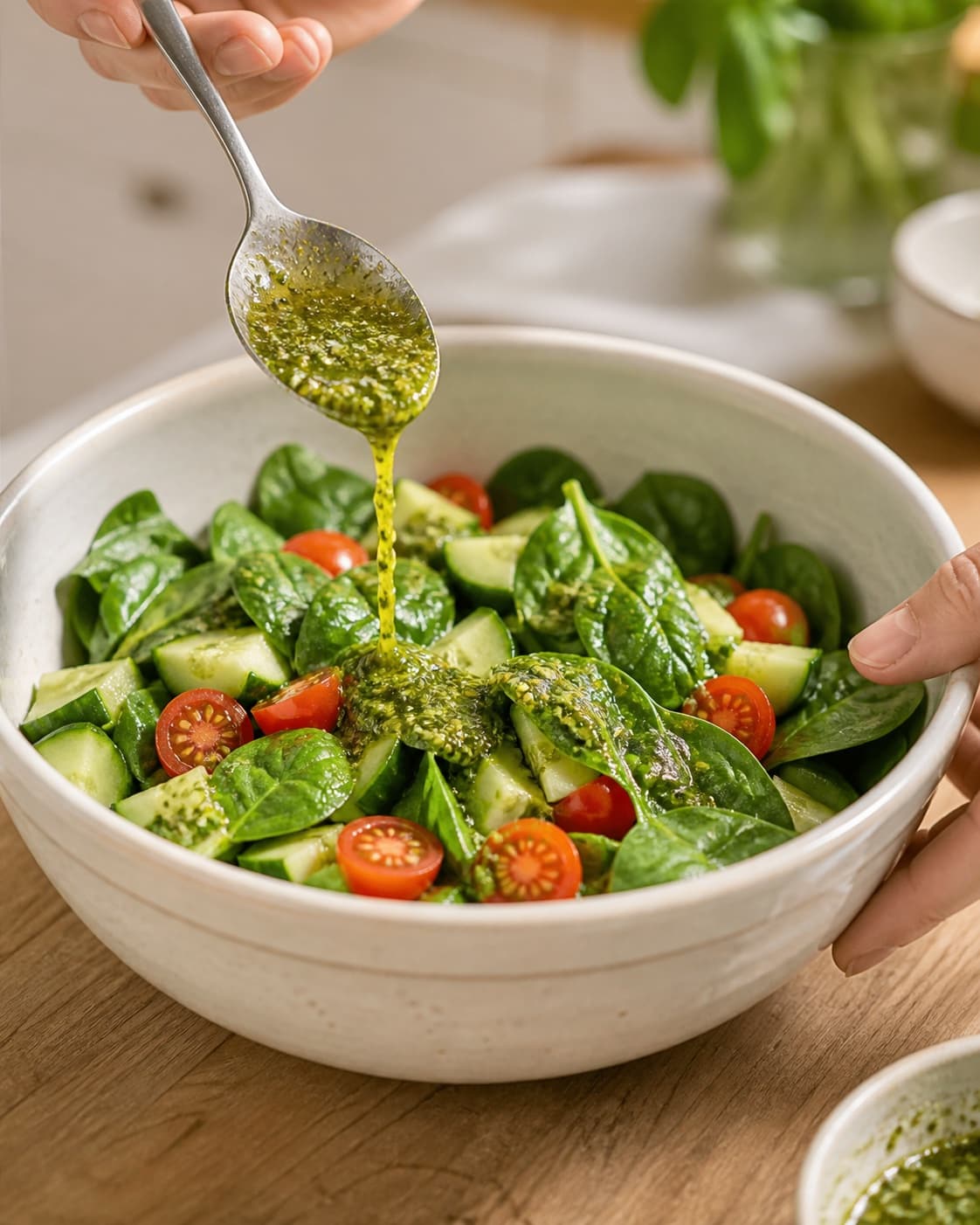 Tomatoes cucumber spinach and glossy lemon pesto dressing being prepared for pasta salad under tilberedningen af pastasalat med kikærter, feta og pesto