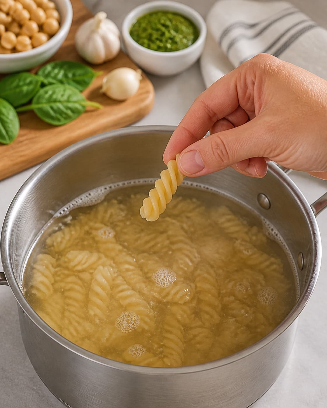 Wholegrain fusilli boiling until al dente with intact spiral shapes under tilberedningen af pastasalat med kikærter, feta og pesto