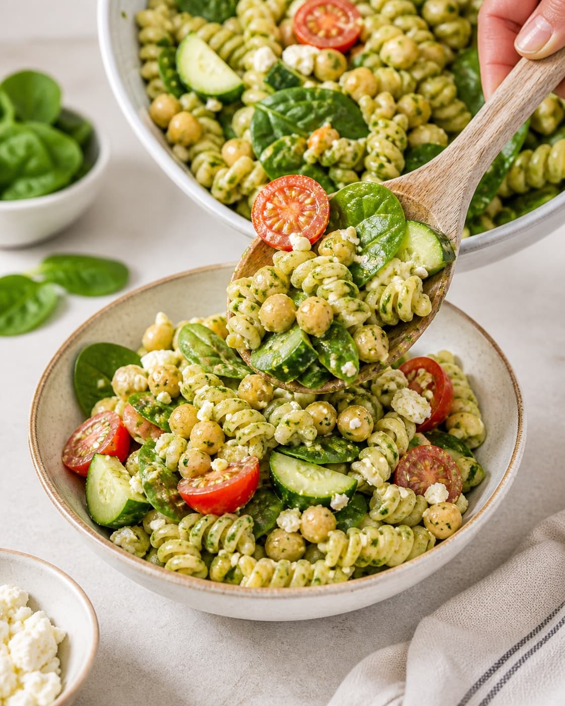 Chilled pasta salad being served with visible chickpeas feta pesto and fresh vegetables under tilberedningen af pastasalat med kikærter, feta og pesto