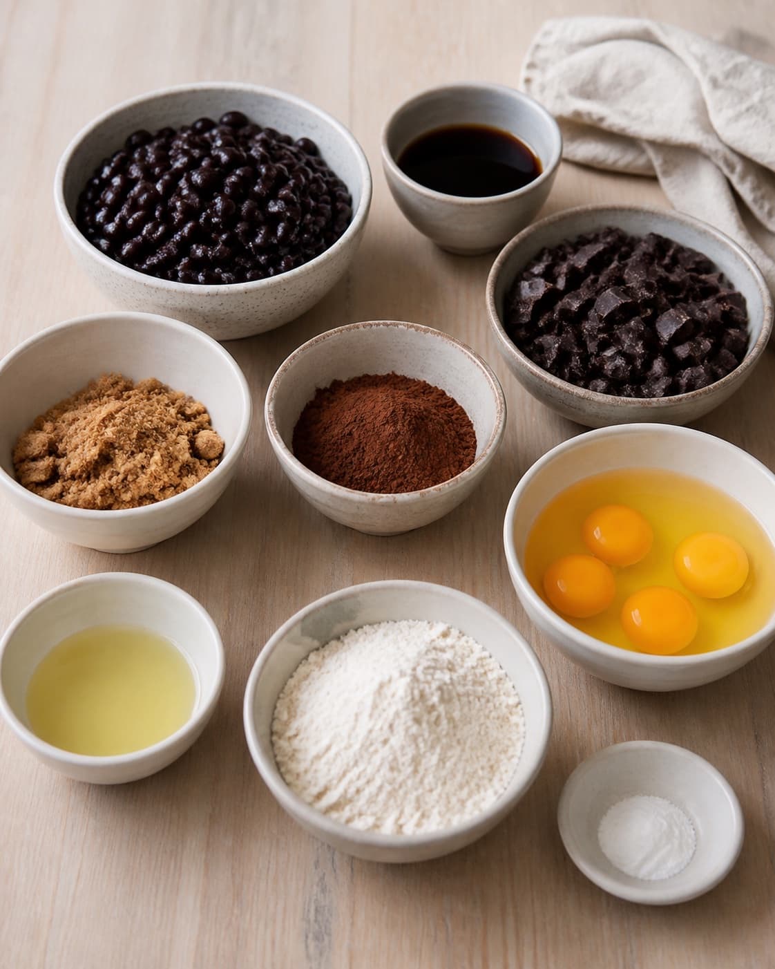 Rinsed dry black beans and an even almond cocoa mixture prepared beside a lined tin under tilberedningen af bønnekage med chokolade og kaffe