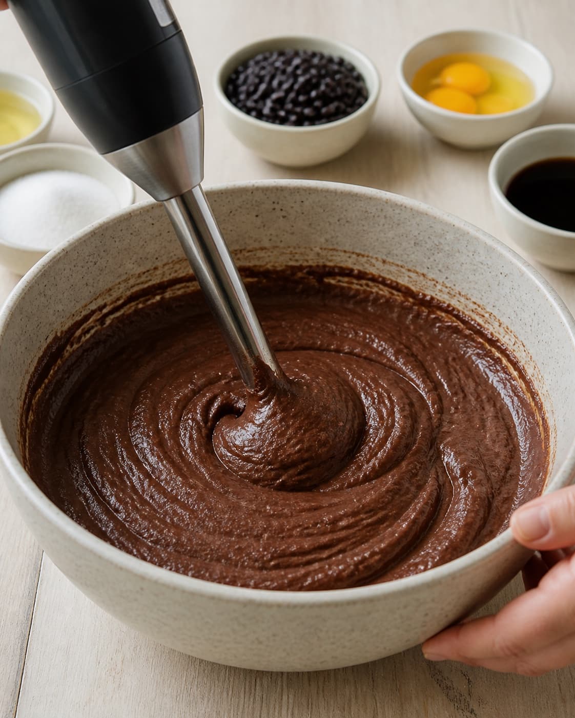 Black beans coffee eggs sugar and rapeseed oil blending into a perfectly smooth cake base under tilberedningen af bønnekage med chokolade og kaffe