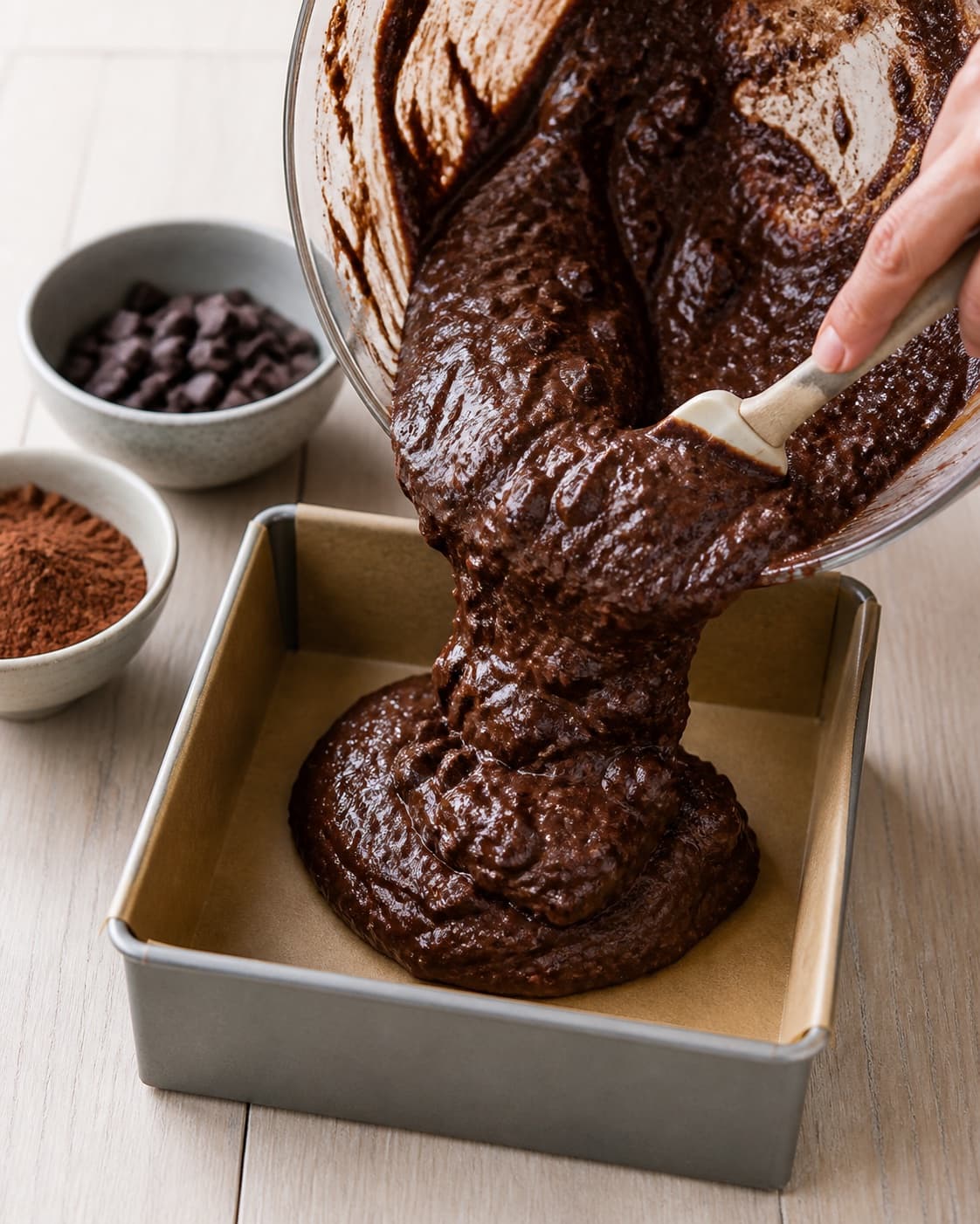 Smooth black bean batter receiving cocoa almond meal and chopped dark chocolate under tilberedningen af bønnekage med chokolade og kaffe